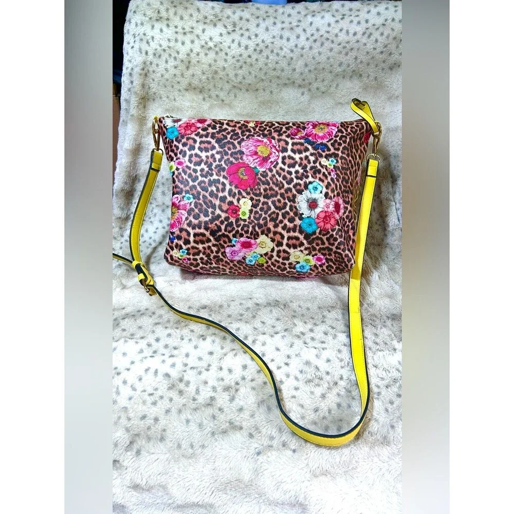 Leopard Floral Crossbody Bag in Yellow Pink Blue Multicolor Zipper